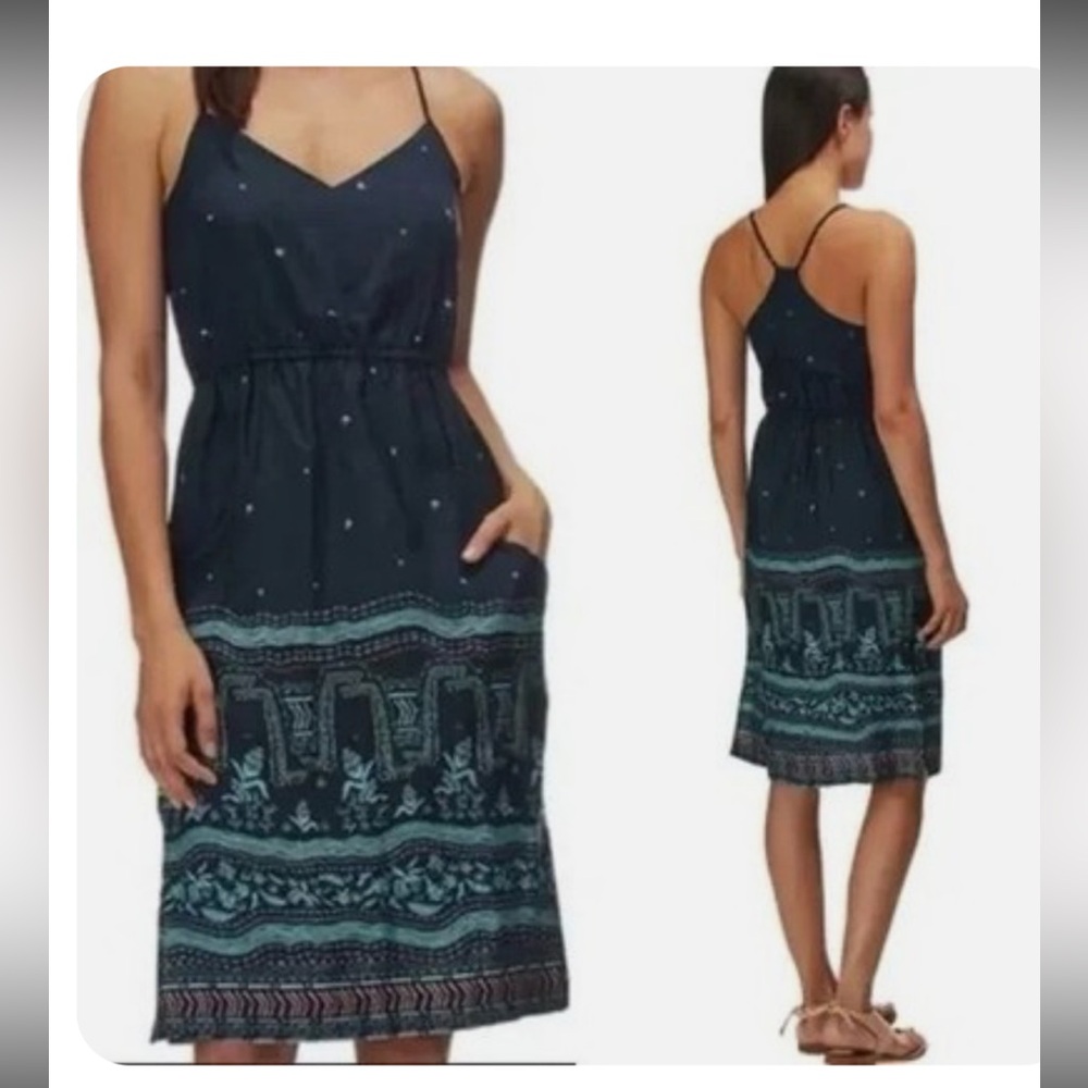 Patagonia Lost Wildflower dress in navy with a blue pattern.